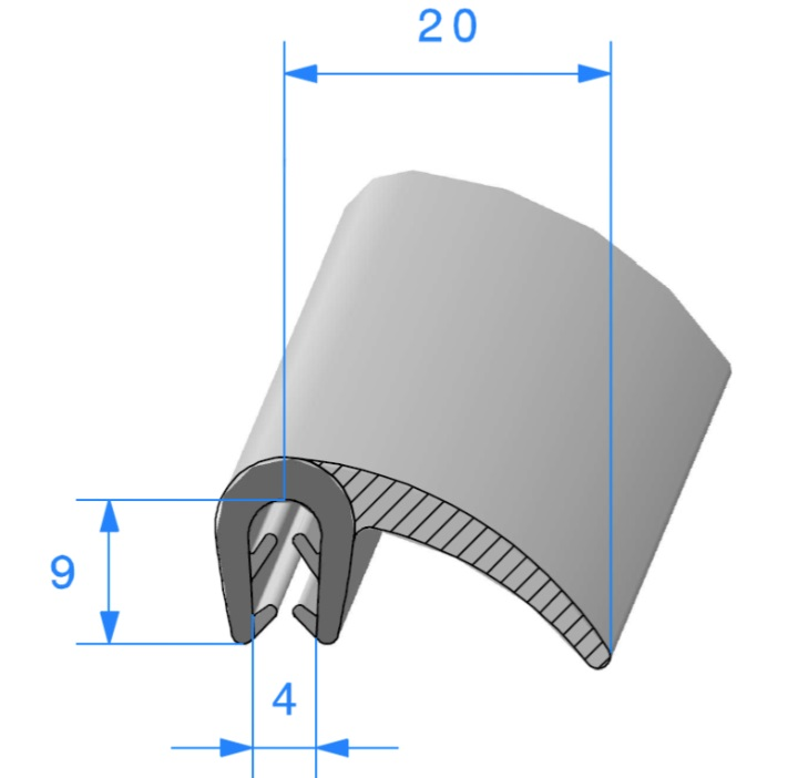 Profil REF 543 -Pince+Lèvre en mousse-EPDM Noir -70 Shores A+/-5