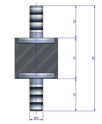 Plot Cylindrique Type Mâle/Mâle Ø16 x 15 mm - vis M5 - 55 Shore