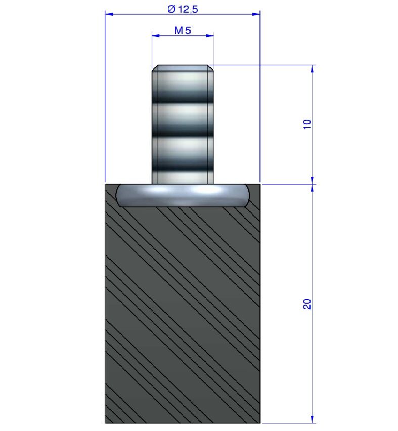 Butée Simple Type Mâle Ø12,5X20 mm - Vis M5 - 55 Shore