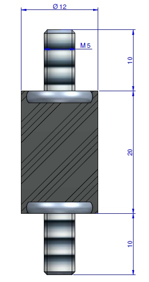 Plot Cylindrique Type Mâle/Mâle Ø12.5 x 20 mm - vis M5 - 55 Shore