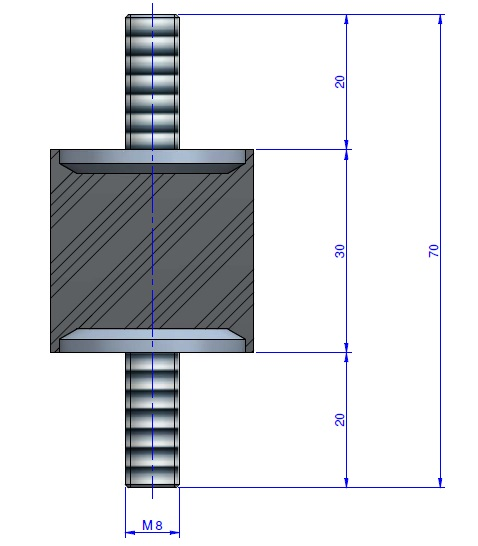 Plot Cylindrique Type Mâle/Mâle Ø30 x 30 mm - vis M8 - 55 Shore