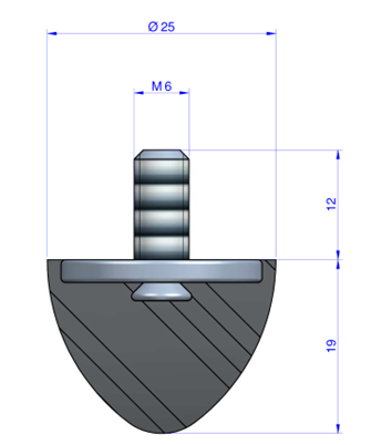 Butée Progressive Type Mâle Ø25X19 mm -Pas de Vis M6 - 55 Shore