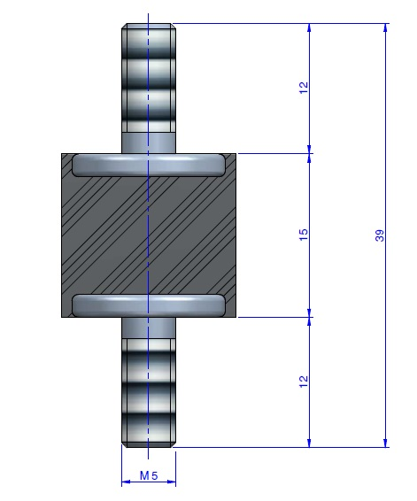 Plot Cylindrique Type Mâle/Mâle Ø16 x 15 mm - vis M5 - 55 Shore