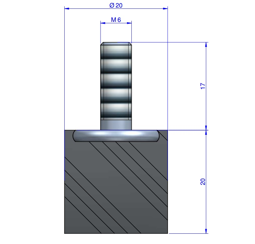 Butée Simple Type Mâle Ø20X20 mm - Vis M6 - 55 Shore