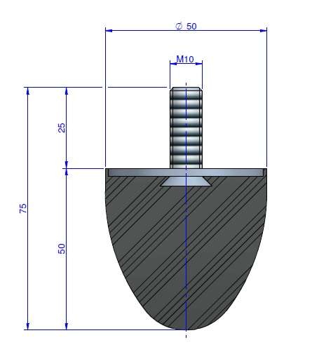 Butée Progressive Type Mâle Ø50X 50 mm -Pas de Vis M10- 55 Shore