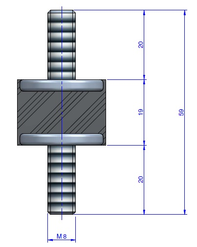 Plot Cylindrique Type Mâle/Mâle Ø25.5 x 19 mm - vis M8 - 55 Shore