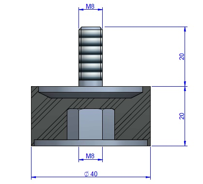 Plot Cylindrique Type Mâle/Femelle Ø40 x 20 mm - vis M8 - 55 Shore