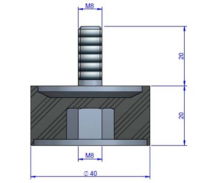 Plot Cylindrique Type Mâle/Femelle Ø40 x 20 mm - vis M8 - 55 Shore