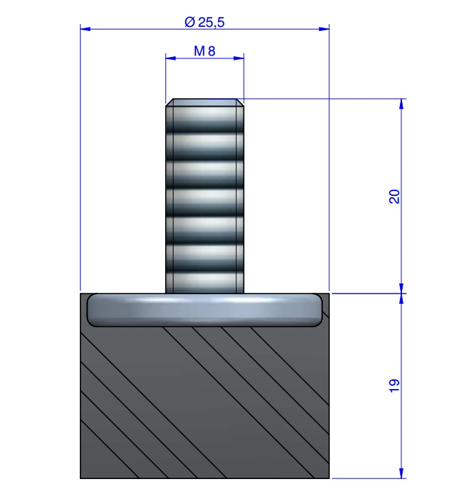 Butée Simple Type Mâle Ø25.5X19 mm - Vis M8x20 - 55 Shore