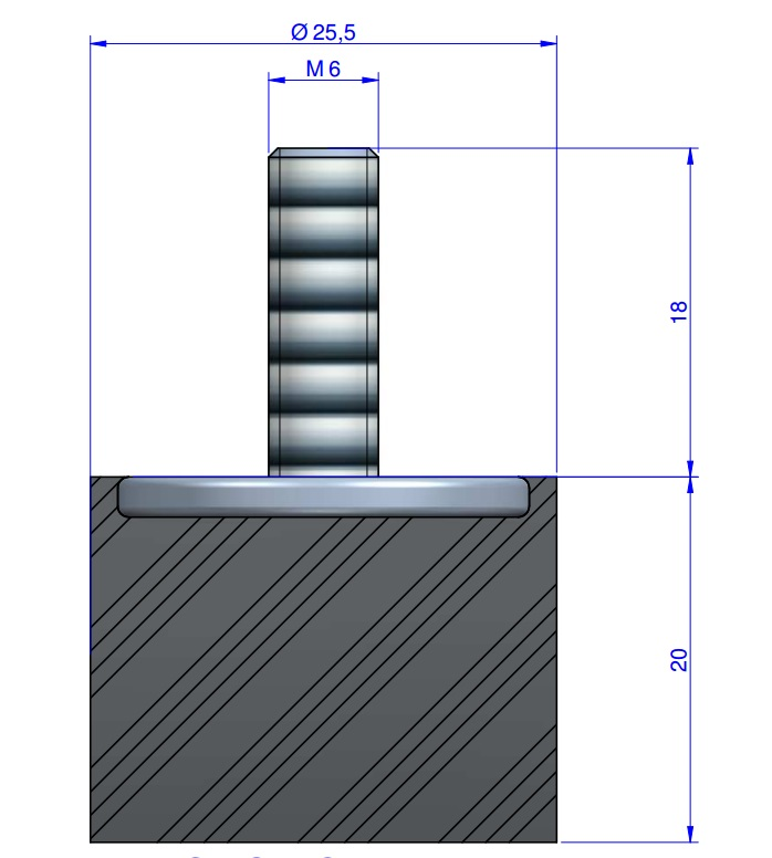 Butée Simple Type Mâle Ø25X20 mm - Vis M6 - 55 Shore