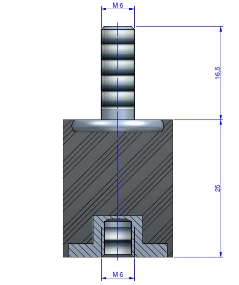 Plot Cylindrique Type Mâle/Femelle Ø20 x 25 mm - vis M6 - 55 Shore