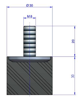 Butée Simple Type Mâle Ø30X25 mm - Vis M8 - 55 Shore