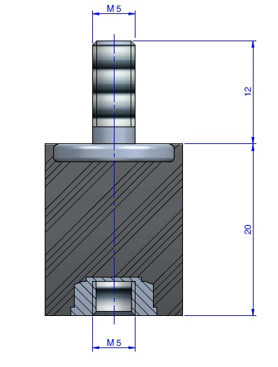Plot Cylindrique Type Mâle/Femelle Ø16 x 20 mm - vis M5 - 55 Shore