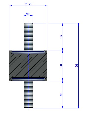 Plot Cylindrique Type Mâle/Mâle Ø25 x 20 mm - vis M6 - 55 Shore