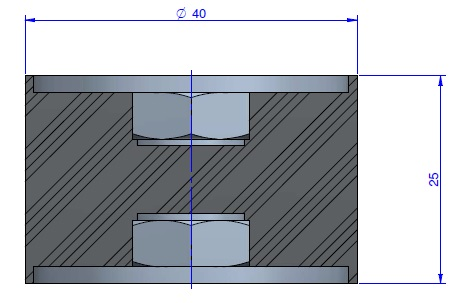 Plot Cylindrique Type Femelle/Femelle Ø40 x 25 mm -Pas de vis M8 - 55 Shore