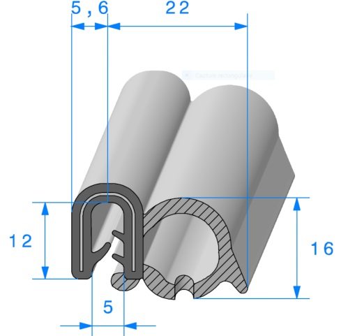 Profil REF 753 -Pince Armé+Bourrelet mousse-EPDM Noir -75 Shores A+/-5