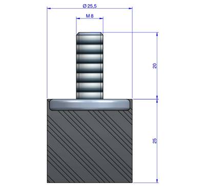 Butée Simple Type Mâle Ø25.5X25 mm - Vis M8 - 55 Shore