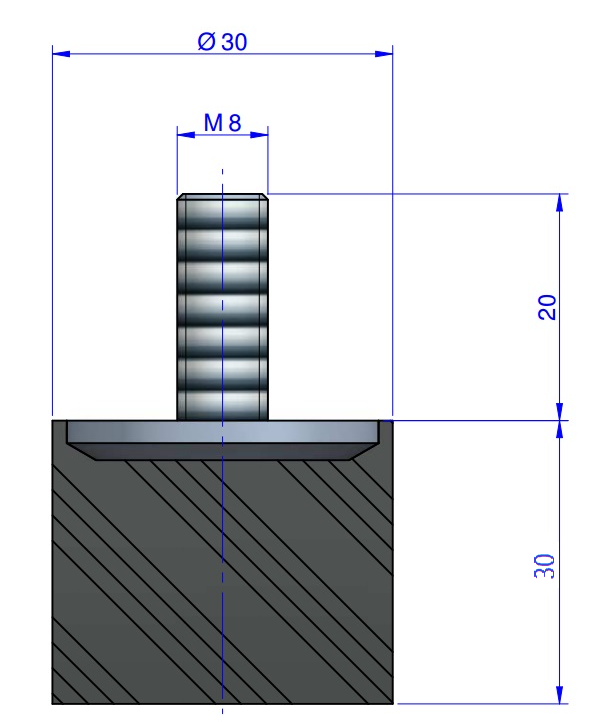 Butée Simple Type Mâle Ø30X30 mm - Vis M8 - 55 Shore