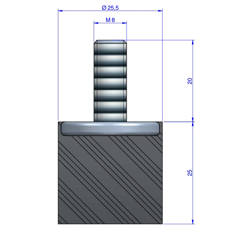 Butée Simple Type Mâle Ø25.5X25 mm - Vis M8 - 55 Shore